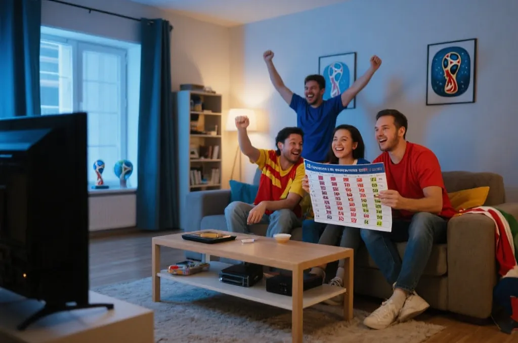球迷查看世界杯直播时间表并准备观赛的场景